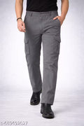 Men Dark Grey Cargo Pants | Regular Fit Cotton Utility Trousers