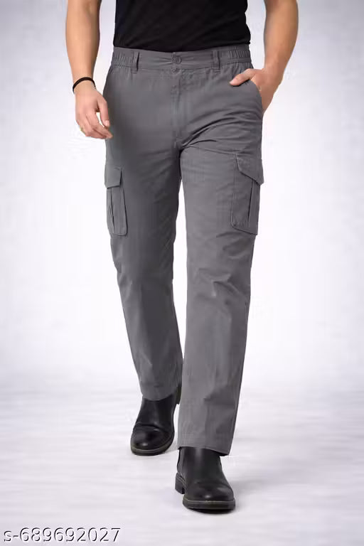 Men Dark Grey Cargo Pants | Regular Fit Cotton Utility Trousers