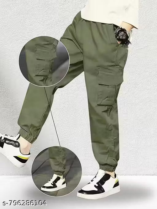 Kid Boys Cotton Cargo Joggers Pant with Mutiple Pockets and Elastic Waistband Closure | Cargo Pants for Boys
