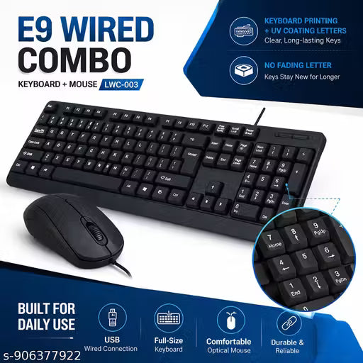 E9 USB Wired Keyboard Mouse Combo for Desktop & Laptop Full Size Wired Keyboard & Optical Mouse Combo (LWC-003) USB Wired Keyboard Mouse Combo Durable & Plug & Play