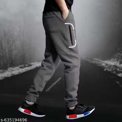 Men’s Thick Cotton Fleece Joggers | Regular Fit Winter Track Pants with Contrast Zip Pocket & Elastic Cuffs