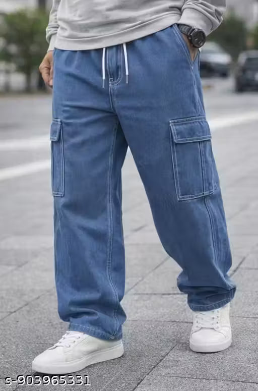 Ghenzcraft Apparels Boys Relaxed Fit Denim Cargo Pants | Premium Cotton Drawstring Joggers for Kids | Stylish Side Pocket Loose Fit Jeans (Pack of 1)