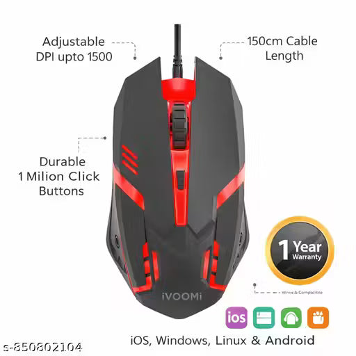 iVOOMi Robot USB Gaming Mouse Perfect for Gaming, 150cm Cable Length, Adjustable DPI Upto 1500, Button Life