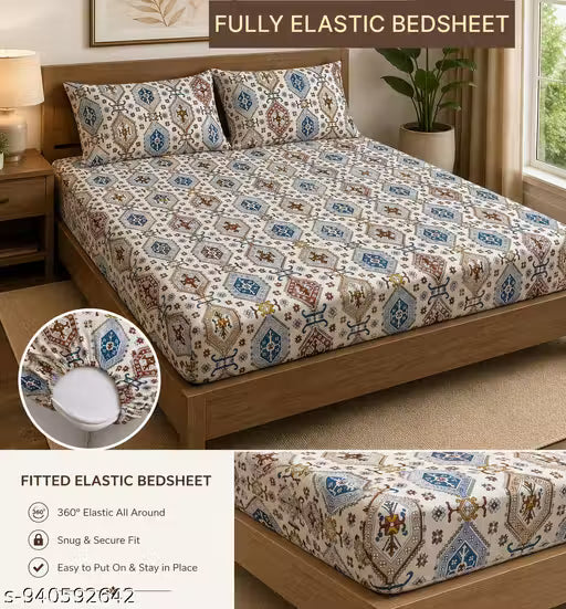 Chahat Homes King Size Fitted Elastic Cotton Superfine 1 Double Bedsheet With Free 2 Pillow Covers 1+2 Set Full Size 72*78+8 Inches And Big Size Of Pillow Covers JAI GURU JI