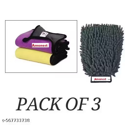 600 GSM 2 Microfiber Car Cleaning Cloths Detailing Polishing Towels With 1 Microfiber Gloves Duster Multicolor Pack Of 3