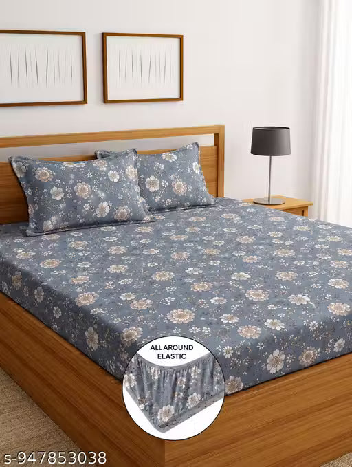 DOUBLE BED COTTON FEEL GLACE COTTON ALL AROUND ELASTIC FITTED BEDSHEET WITH 2 PILLOW COVERS