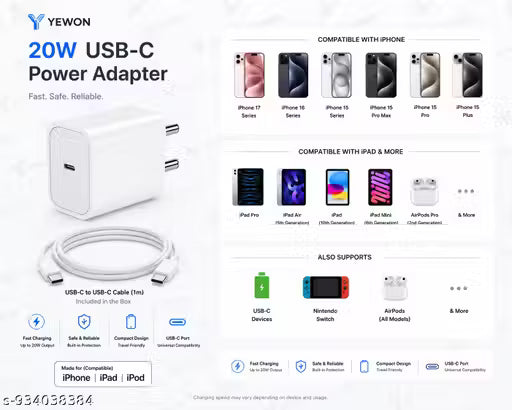 20W USB-C Fast Charger 20-Watt Charger, Type-C to C Port Type Cable for I-phone and other IOS Devices, Fast Charge Specially for I-PHONE Devices, (White)