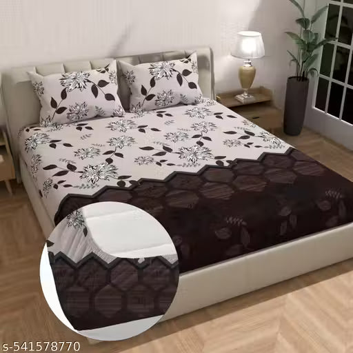 Sunshine Premium Cotton Feel Glace Cotton Elastic Fitted Printed King Size Double Bed Bedsheet with 2 Pillow Covers Fits Upto 8 inches Mattress ,Size- 72x78x8 Inches, Yellow