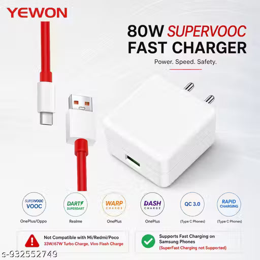 80 Watt Ultra-Fast Charger 80Watt Powerr Adapter; 80 Watt Fast Charging Mobile Charger, Compatible With Supports Supervooc