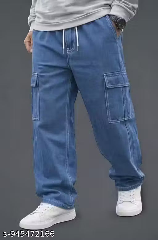 Kids Loose Fit Denim Cargo Jeans with Side Pockets