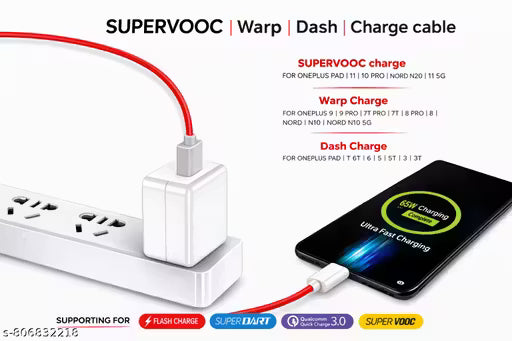65W SuperVOOC Super Fast Wall Charger with Type-C Red Cable | Dash Warp VOOC Fast Charging Adapter for Android Smartphones