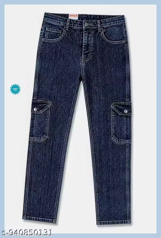 Zoro Trend Men's Dark Blue / Gray Slub Fabric Heavy Denim Jeans Slub Denim, Men Cargo Jeans, Multi-pocket Pants,