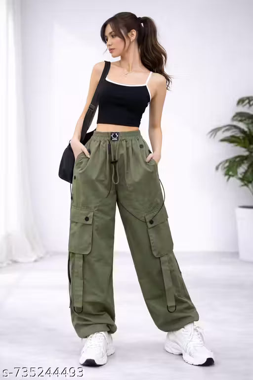 Trendy Women Women Trousers | New Design Women Mid Rise Polyester Cargo Trousers with Pockets | women track pants