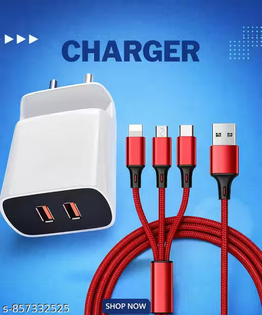 Dual USB 3.5A Fast Charger with 3-in-1 Cable (Micro USB + Type-C + iOS Support)