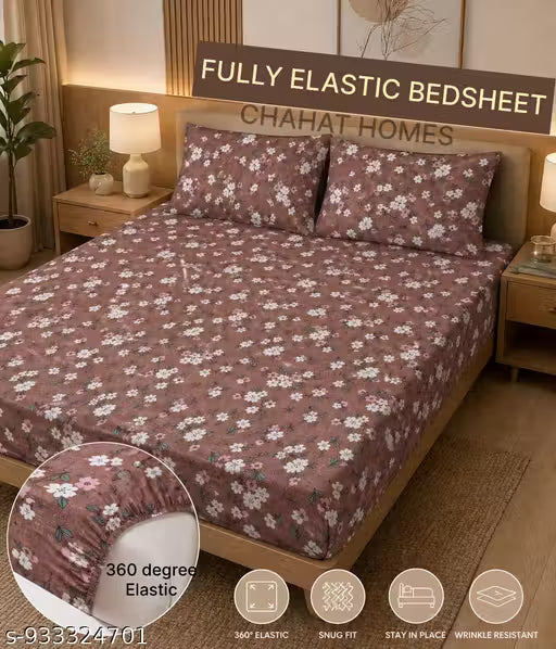 Chahat Homes King Size Fitted Elastic Cotton Superfine 1 Double Bedsheet With Free 2 Pillow Covers