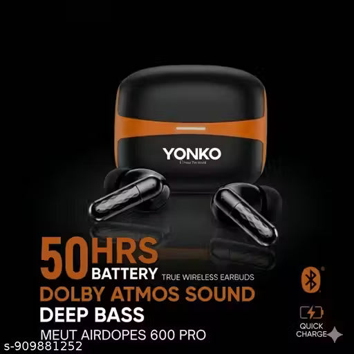 YONKO Black Orange Bluetooth Wireless Earbuds | TWS Earphones with 50Hrs Battery, Deep Bass Sound, Fast Charging Case