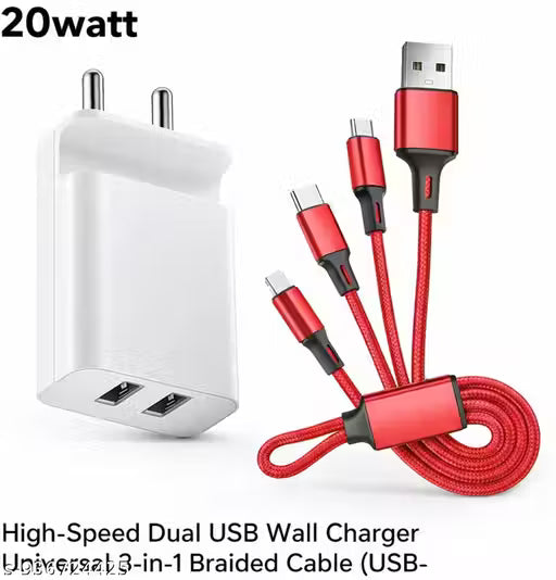DUAL Fast Charger 3.1 cable, Mico, Types-c , i-phoneDUAL USB FAST CHARGER 3.4A WITH 3 IN 1 MULTI CHARGING CABLE FOR ALL ANDROID MOBILE & GADGETS