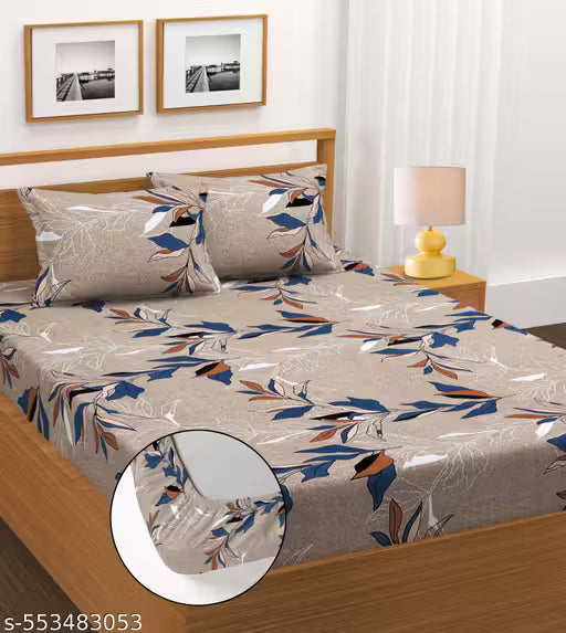 Fitted (Elastic) Cotton Double Bedsheet With 2 Pillow Covers