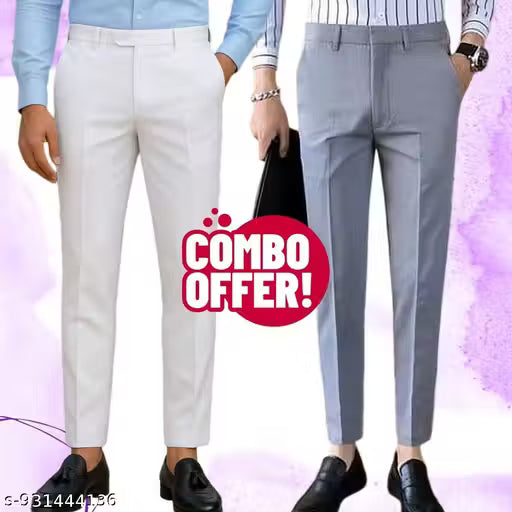 Men's Solid Plain Formal Trousers – Regular Fit Stylish Pants for Office & Party, Fashionable Dress Trousers for Men (White & Gray)