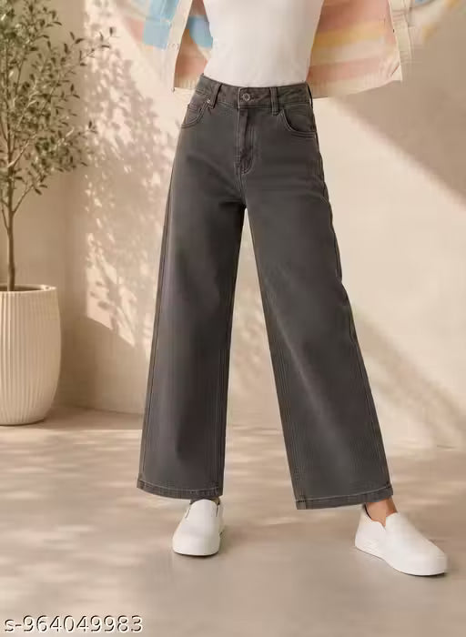 Girls Wide Leg Denim Jeans | Premium Cotton Denim Casual Pants for Kids Girls | High Waist Fashion Jeans | 6-11 Years | Ice Blue, Dark Blue, Grey & Black