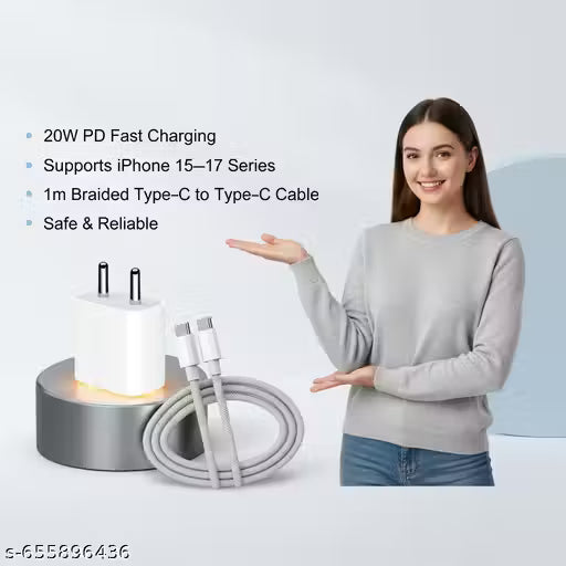 20W USB-C PD Fast Charger Adapter with 1M Type-C to Type-C Braided Cable | Compatible with iPhone 15 Series,