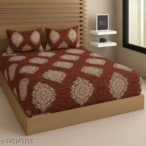 PREMIUM PURE COTTON ELASTIC FITTED DOUBLE BEDSHEET WITH TWO PILLOW COVERS