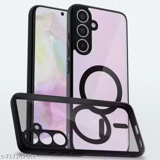 PickKaro Shockproof Sleek Hybrid Armor Magnetic Back Cover Case Compatible with MagSafe Accessories for Samsung Galaxy A35 5G (Clear PC + Black TPU Bumper)