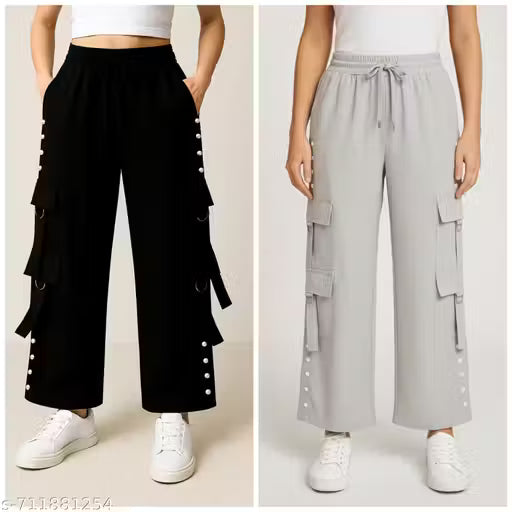 Stylish High-Waist Utility Cargo Trousers for Women – Side Pockets [Pack Of 2]