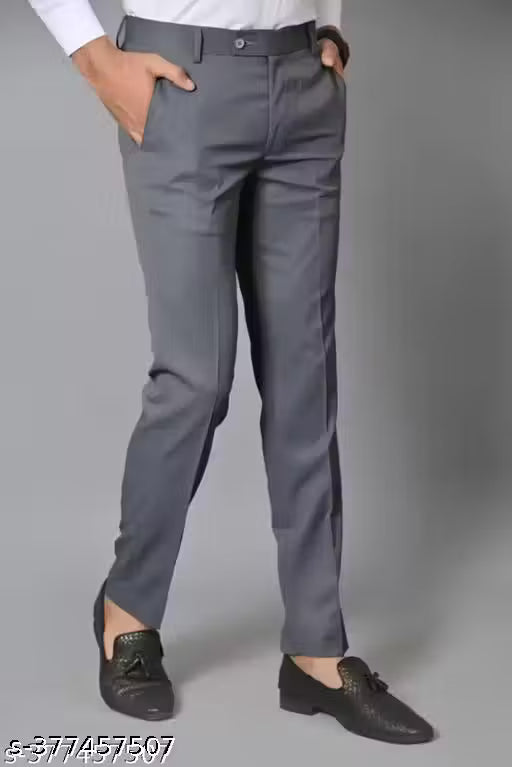 Xenor Men's Solid Flat-Front Grey Trousers