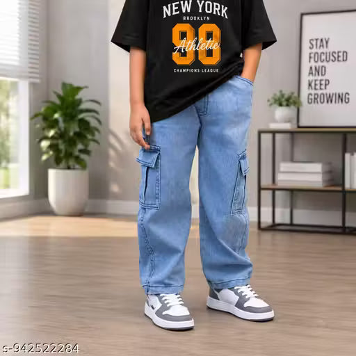 Boys Stylish Blue Cargo Baggy Jeans | Trendy Kids Denim Pant