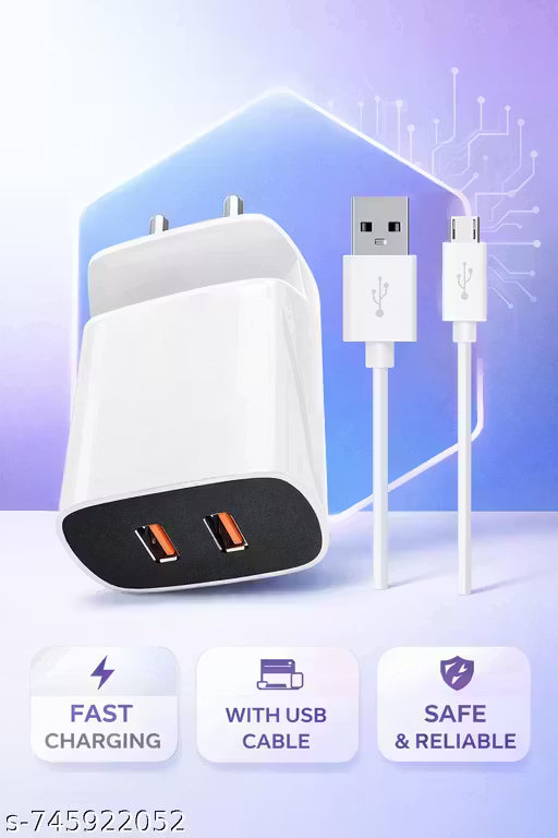 20W Fast Dual USB Wall Charger(White V8 Cable Included) | Dual USB Mobile Charger Adapter | Fast Charging Travel Charger for All Smartphones