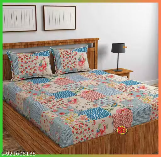 K.K Decor Cotton Elastic All Around Fitted King Size Double Bed Bedsheet with 2 Pillow Covers Floral Printed Bedsheet Combo