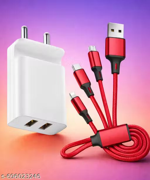 DUAL USB FAST CHARGER 2.4A WITH 3 IN 1 MULTI CHARGING CABLE FOR ALL ANDROID MOBILE &