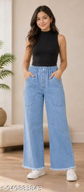 Girl's 4 Button Dark Blue Denim Jeans with Elastic Waist & Button Detail