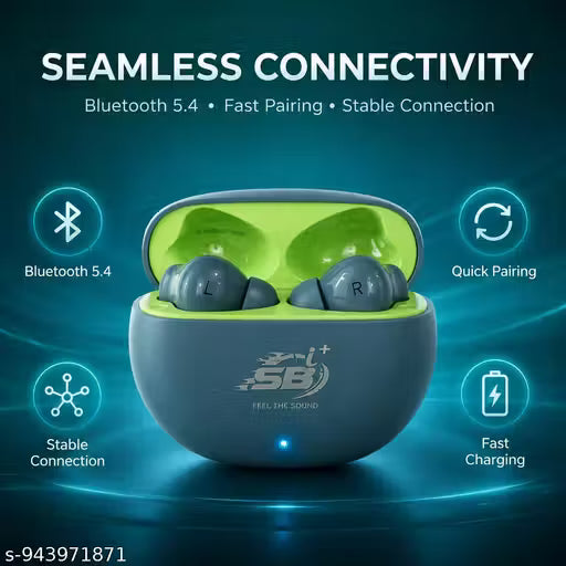 SB i+ TWS Wireless Earbuds Bluetooth 5.4 with Fast Charging, HD Sound, Low Latency Gaming Mode, Noise Cancellation & Long Battery Backup