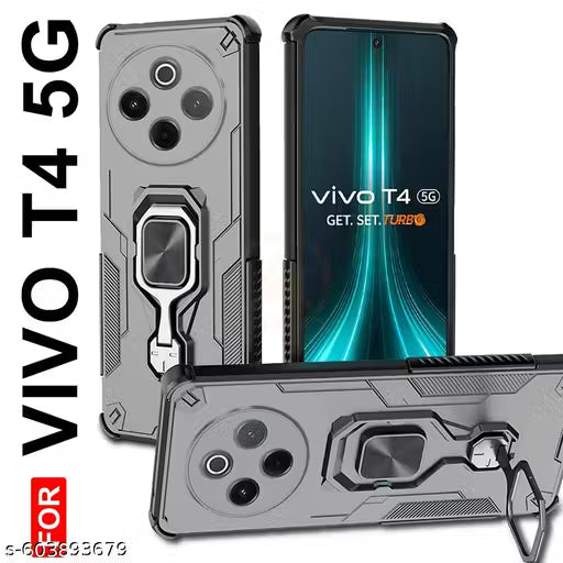 AESTMO Armor Bumper Back Cover for Vivo T4 5G | Ring Holder & Kickstand in-Built | 360 Degree Protection Back Cover for Vivo T4 5G (PC & TPU, Black)