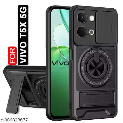 AESTMO Vivo T5X 5G Back Cover | Armor Camera Slider 360 Degree Rotating Finger Ring Holder Case with Bracket Stand
