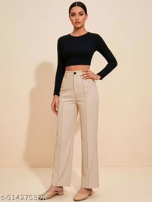 Women Solid Beige High-Rise Straight Fit Formal Pants