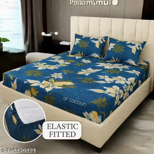Nirvair creations heavy fabric glace cotton Elastic fitted bedsheet. beautiful design & classic look . Double size bedsheet with 2 pillow covers.(1 pillow cover with single bedsheet