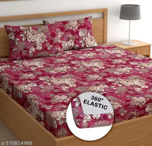 Super Soft Glace Cotton All Round Elastic Fitted Double Bed Bedsheet with 2 Pillow Covers-72x78x8 Inches-fiteed_Double