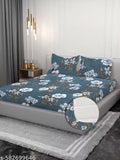 Heavy Glace Cotton Elastic Fitted Printed King Size Double Bed Bedsheet with 2 Pillow (fitt 3 white flower)