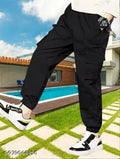 Boys Cargo Joggers Drawstring Jogging Pants Kids Elastic Waist Trousers 4-14 Years (Black)