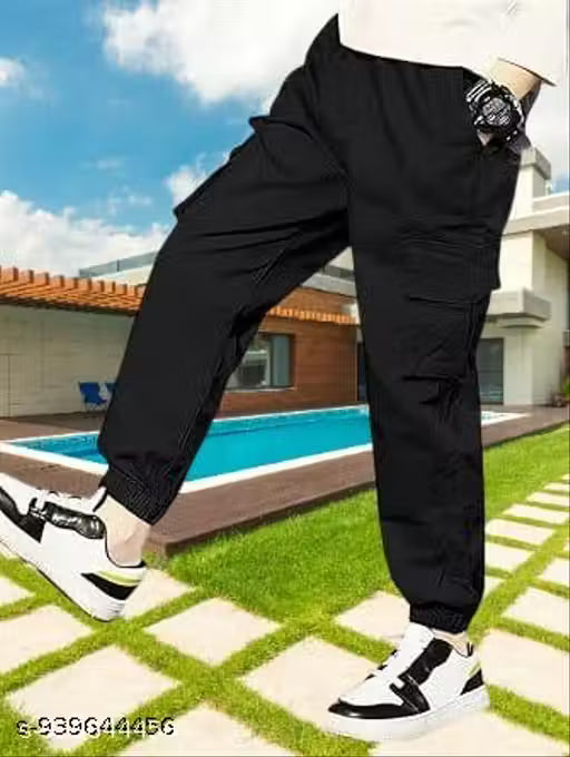 Boys Cargo Joggers Drawstring Jogging Pants Kids Elastic Waist Trousers 4-14 Years (Black)