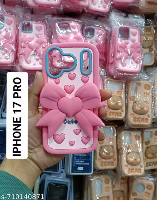 Luxury 3D Pink Heart Bow Soft Silicone Case for iPhone 17 Pro