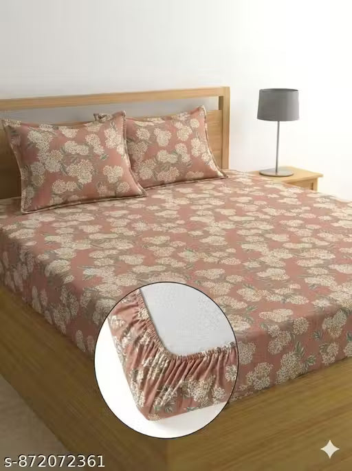 Super Soft Glace Cotton All Round Elastic Fitted Double Bed Bedsheet with 2 Pillow Covers-72x78x8 Inches-fiteed_Double