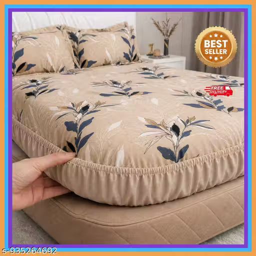 Fitted (Elastic) Cotton Double Bedsheet With 2 Pillow Covers