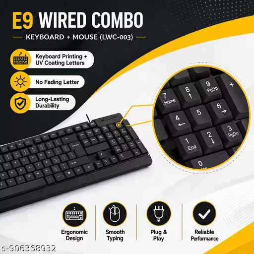 E9 Wired Keyboard & Mouse Combo (LWC-003) Wired Keyboard + Mouse Combo – Full Size USB (LWC-003) Keyboard and mouse combo