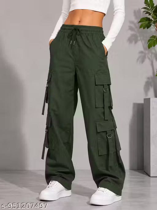 Women’s Dark Green Wide Leg Cargo Pants Stylish Streetwear Multi Pocket Casual Trousers