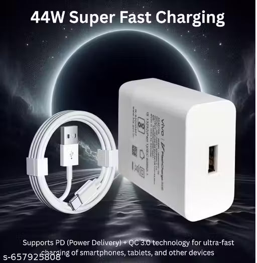 Vivo 44W Fast Charger Adapter, High-speed Mobile Charging, Safe and Reliable with USB to Type C Cable (White)