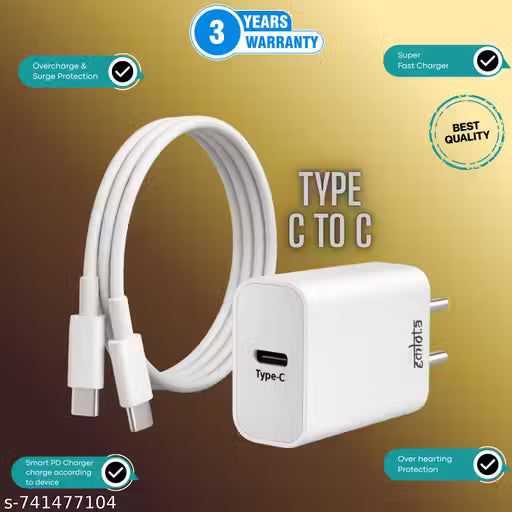 Eकlota 20W Fast Charger for Samsg/iPhn/Pixl/Viv/Opp with Type-C to C Cable | Super Fast Charging PD Adapter for Galxy S26/S25 Ultra